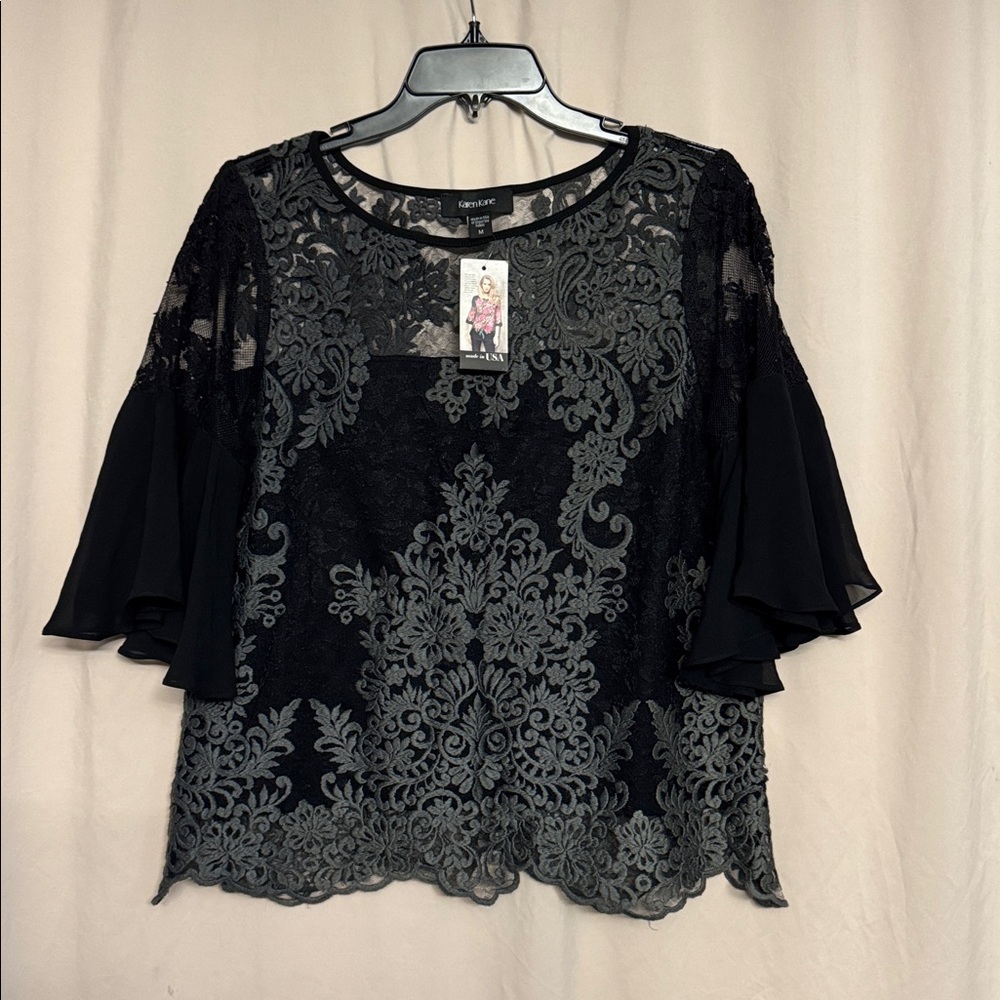 Karen Kane Floral Lace 3/4 Sleeve Top, Size M, Color Black/Gray